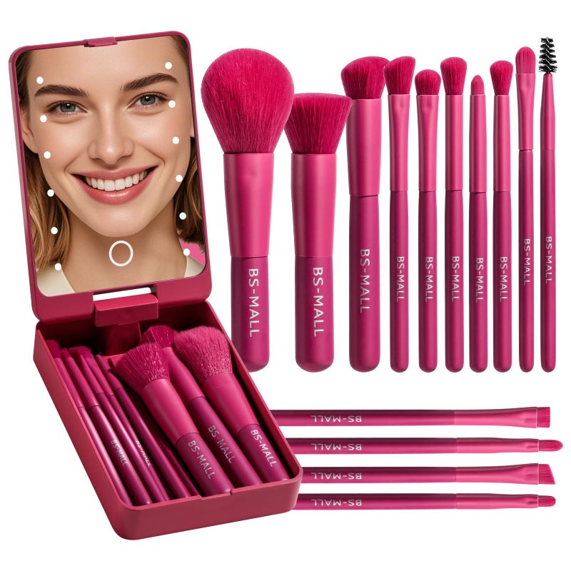 BSMALL Travel Makeup Brush Set Foundation Powder Concealers Eye Shadows Makeup Set with LED light Mirror 14 Pcs HotPink